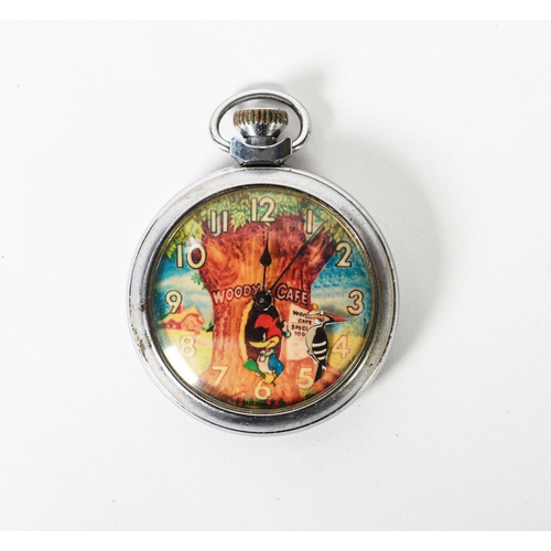 85 - VINTAGE WOOD WOODPECKER POCKET WATCH, MECHANICAL MOVEMENT, steel case, the pictorial dial depicts Wo... 