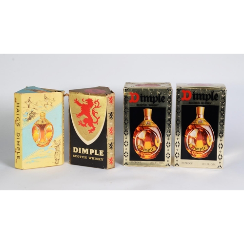 108 - FOUR BOTTLES OF DIMPLE BLENDED SCOTCH WHISKY IN ORIGINAL CARD BOXES, two of which are triangular, on... 