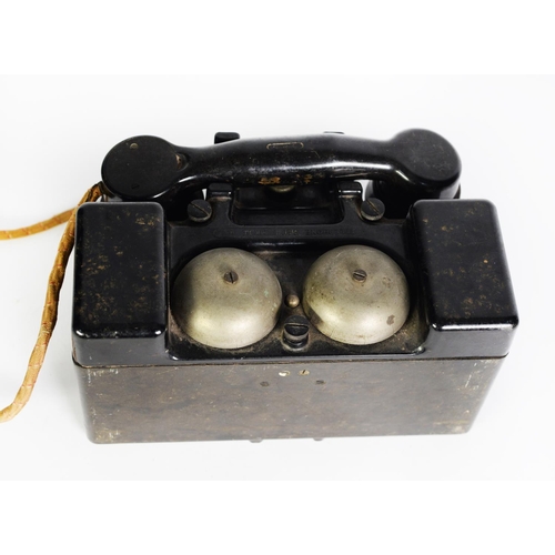 314 - VINTAGE TELEPHONE SET F MARK II, the heavy box-type rest with winding handle and two metal dome bell... 