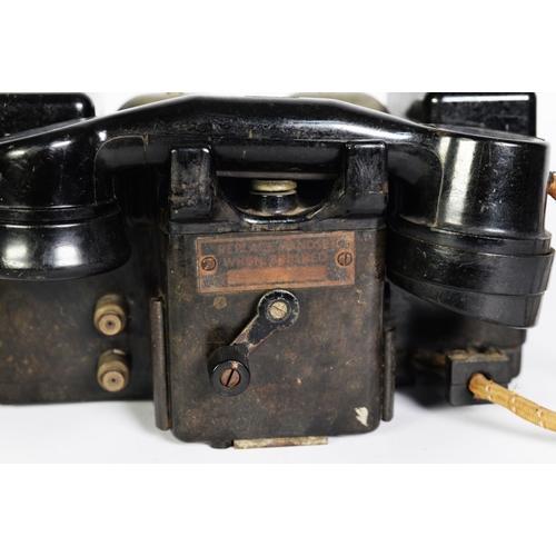 314 - VINTAGE TELEPHONE SET F MARK II, the heavy box-type rest with winding handle and two metal dome bell... 