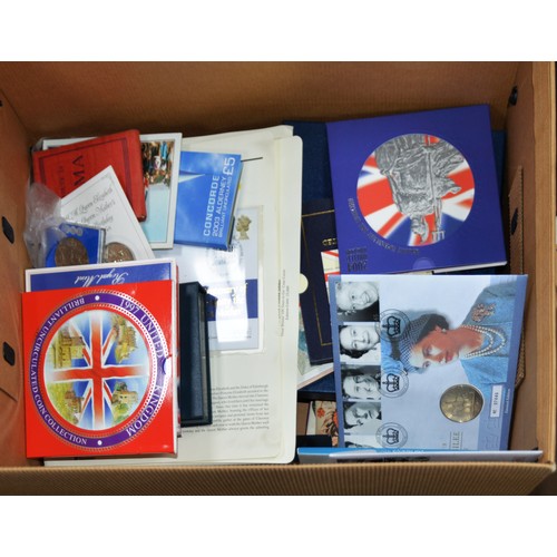 160 - STAMPS, VARIED SELECTION OF COINS NUMISMATIC COVERS AND CIGARETTE CARDS, contents of 1 box