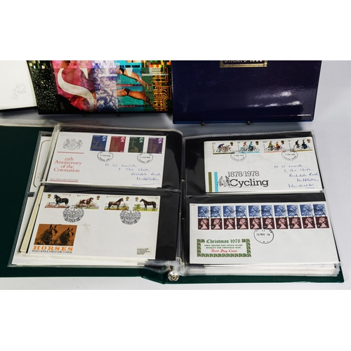 165 - STAMPS, SELECTION OF 12 GB YEAR BOOKS plus 7 GB first day cover binder, (some hand-written)