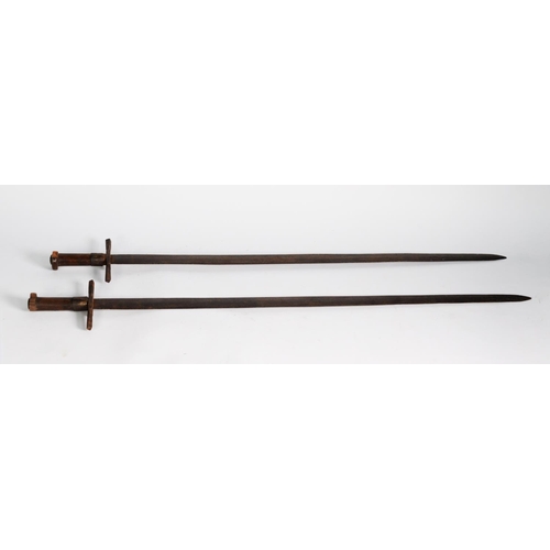 258 - TWO, POSSIBLY NORTH AFRICAN, AGED SWORDS, with plain steel blades, cruciform guards and plain turned... 