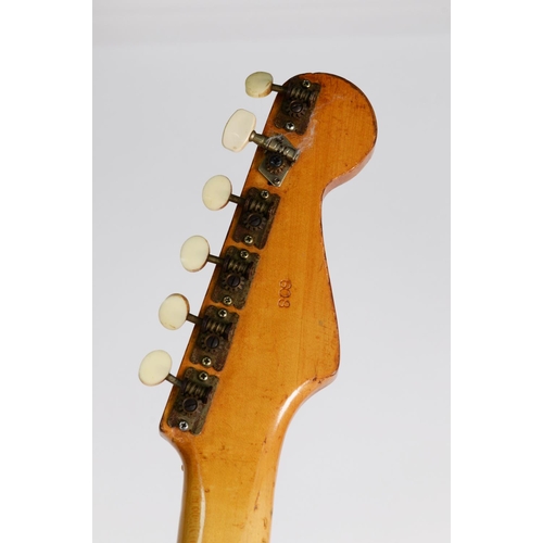 146 - W*NKOCASTER LEFT HANDED ELECTRIC GUITAR, stamped 809, heavily worn, in soft grey case