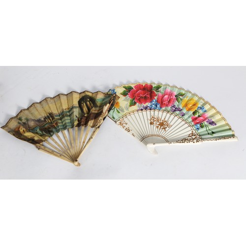 455 - LARGE CREAM SILK FAN applied with white crocheted lace and painted with rambling white flowering fol... 