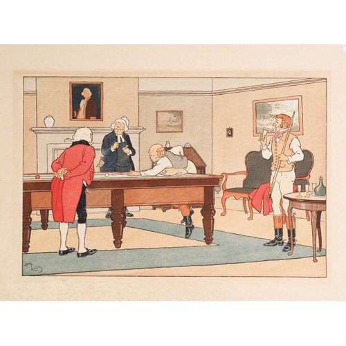 61 - H. ELLIOTT, COLOUR PRINT, Georgian billiards scene; after H. BURBURY, REPRODUCTION COLOUR PRINT, 'Bi... 