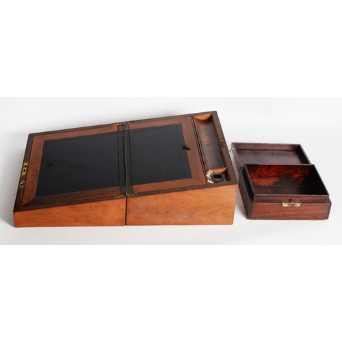 238 - EARLY 20th CENTURY MAHOGANY AND BRASS BOUND PORTABLE WRITING BOX, the interior with a glass inkwell ... 