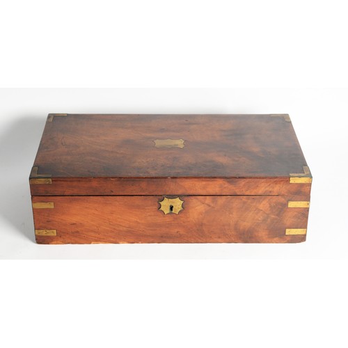 239 - 19th CENTURY LARGE FIGURED MAHOGANY PORTABLE WRITING BOX, with brass bound corners, the interior wit... 