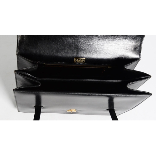 475 - LADY'S LAUNER, LONDON, BLACK LEATHER RECTANGULAR HANDBAG, with deep flap-over fastening, two section... 