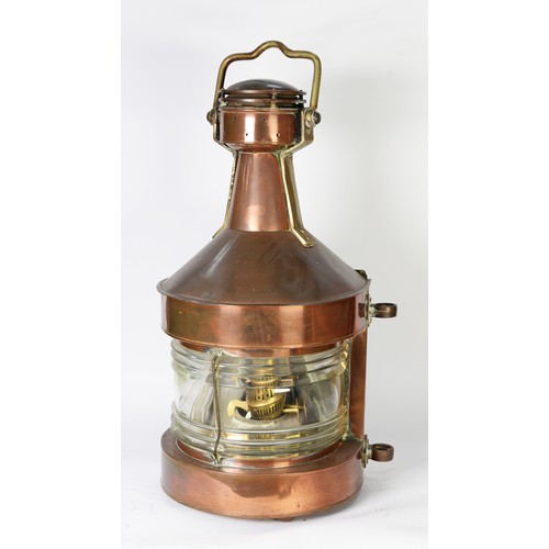 302 - MARITIME INTEREST: three 20th century copper mast lamps, including a central lamp, port side lamp, a... 