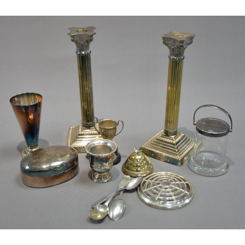 428 - PAIR OF ELECTROPLATED CORINTHIAN TABLE CANDLESTICKS, each of fluted form with square, stepped base, ... 