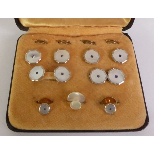 87 - GENTLEMAN'S 18ct GOLD AND PLATINUM DRESS SET OF 8 PIECES, octagonal top set with mother o'pearl with... 