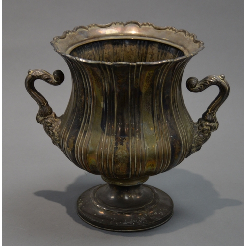 422 - K. GAINSFORD, SHEFFIELD, LATE NINETEENTH CENTURY ELECTROPLATE TWO HANDLE PEDESTAL VASE FORM WINE COO... 