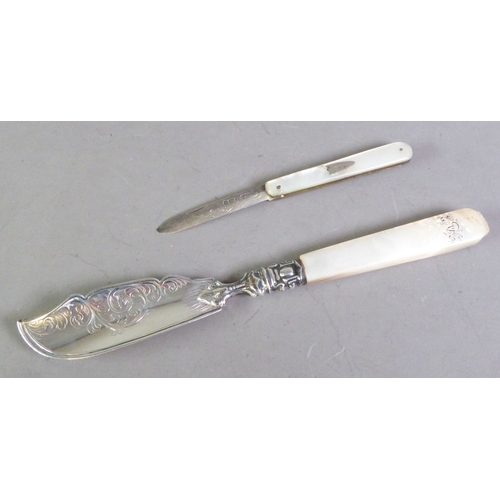 348 - VICTORIAN ENGRAVED SILVER BLADED LARGE BUTTER KNIFE, with mother of pearl handle, initialled, 7 ¾” (... 