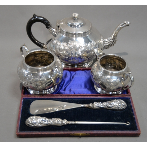 416 - EARLY TWENTIETH CENTURY ELECTRO-PLATED THREE PIECE TEA SERVICE, also a CASED FILLED SILVER HANDLED B... 