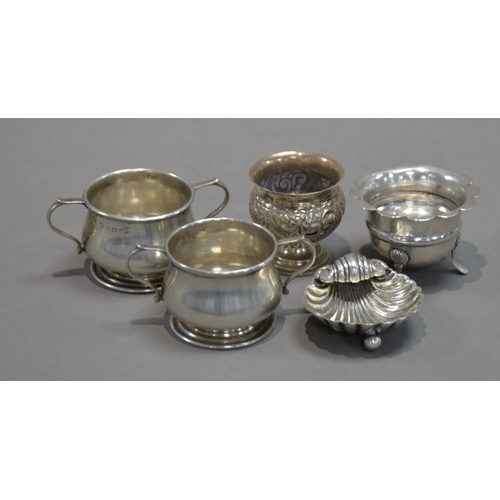 404 - PAIR OF INTER-WAR YEARS SILVER TWO HANDLED SALT-CELLARS without glass liners, Birmingham 1920. Toget... 