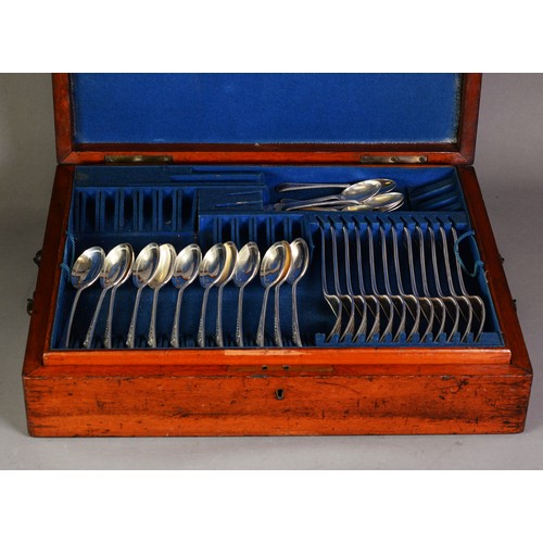 417 - EDWARDIAN MAHOGANY CUTLERY BOX containing a COMPOSITE and INCOMPLETE SELECTION OF ELECTRO-PLATED TAB... 