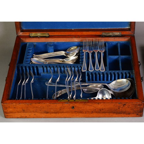 417 - EDWARDIAN MAHOGANY CUTLERY BOX containing a COMPOSITE and INCOMPLETE SELECTION OF ELECTRO-PLATED TAB... 