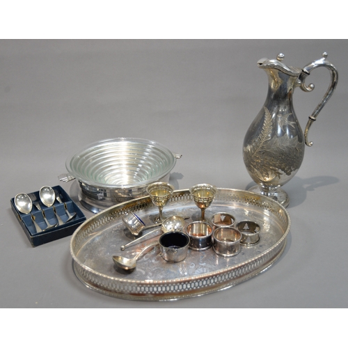 420 - ELECTRO-PLATED OVAL GALLERIED TRAY, A LATE VICTORIAN E P B M CLARET JUG, A 1930's PLATED VEGETABLE D... 