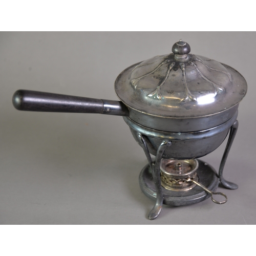 434 - ELECTROPLATED EGG CODDLER ON SPIRIT BURNER STAND, with removable four division insert, black wood ha... 