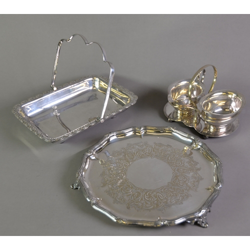 435 - ELECTROPLATED SALVER, with foliate engraved centre and scroll feet, OBLONG SWING HANDLED CAKE BASKET... 