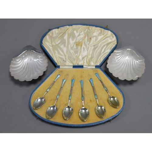 382 - CASED SET OF SIX SILVER-GILT and ENAMEL TEASPOONS, Birmingham 1929. Together with a pair of LATE VIC... 