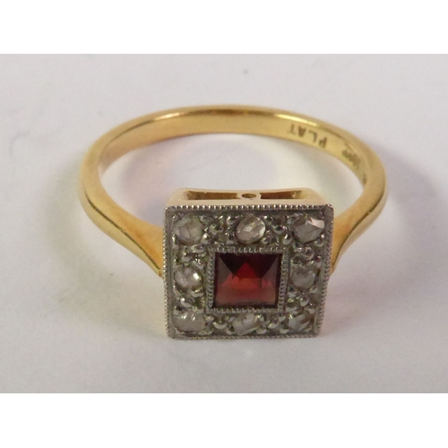 90 - GARNET AND DIAMOND CLUSTER RING, a square-cut garnet within square milgrain border of rose-cut diamo... 