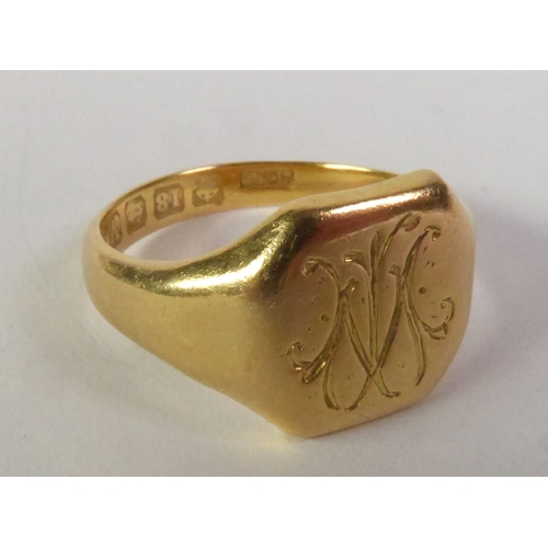 93 - 18CT GOLD SIGNET RING, with a monogrammed octagonal top, Birmingham 1920, ring size K1/2, 5.3g