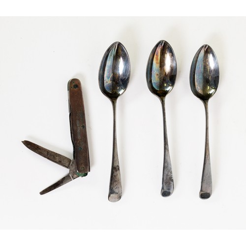 410 - THREE LATE VICTORIAN SILVER TEASPOONS, Sheffield 1900; and A SILVER CASED PEN KNIFE, Sheffield 1896,... 