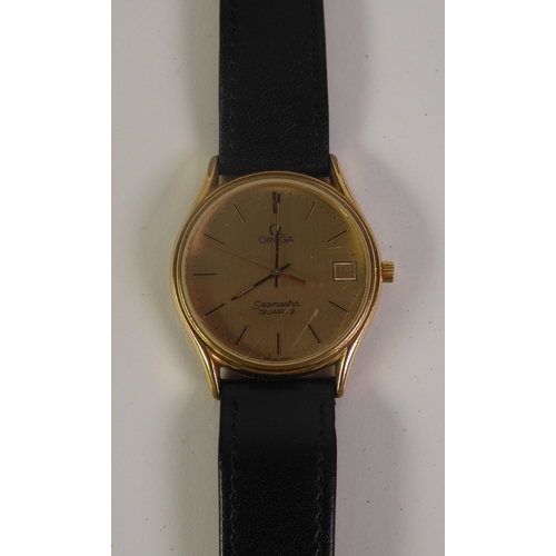 62 - OMEGA SEAMASTER GENTS QUARTZ WRIST WATCH, in gold plated case, the gold coloured circular dial with ... 