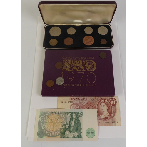 74 - 1970 PROOF COIN SET OF 8 COINS, half penny to half crown, in case and wallet; CASED SET OF 1976 COIN... 