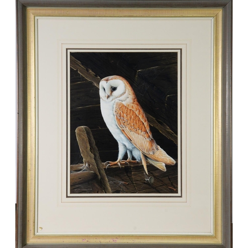 25 - RALPH WATERHOUSE (b.1943) GOUACHE Barn owl perched in rafters Signed lower left 14 ¼” x 11” (36cm x ... 