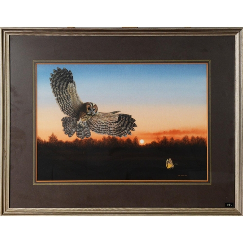 32 - CHRIS SHIELDS (TWENTIETH/ TWENTY FIRST CENTURY)GOUACHE Tawny owl about to strike on a moth, sunset b... 