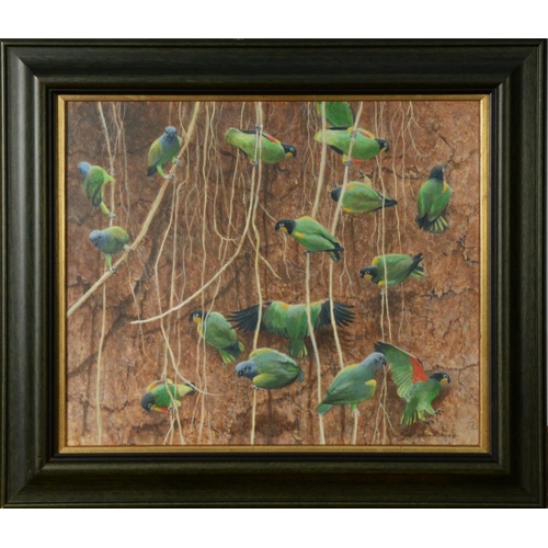 39 - ROBERT McLELLAN BATEMAN (b.1930) ACRYLIC ON CANVAS BOARD Parrots at Clay Bank Signed and dated 2002 ... 