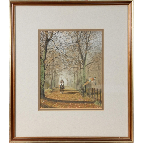 44 - CHRIS SHIELDS (TWENTIETH/ TWENTY FIRST CENTURY)GOUACHE Rider on a bridle path with pheasant taking f... 