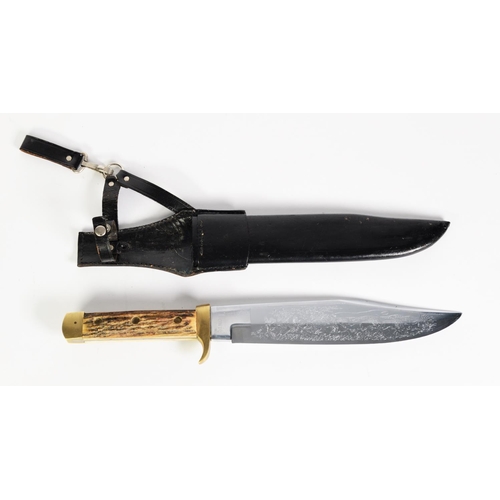 199 - SOLINGEN, GERMANY POST-WAR BOWIE TYPE KNIFE, the typical shape blade etched with a Native American b... 