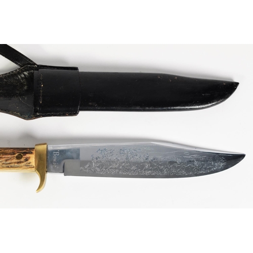 199 - SOLINGEN, GERMANY POST-WAR BOWIE TYPE KNIFE, the typical shape blade etched with a Native American b... 