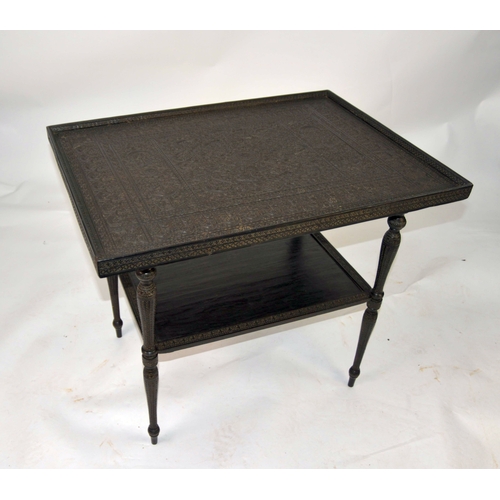 70 - 19TH CENTURY ANGLO-INDIAN EBONY TABLE, the tray top supported on screw-in legs, united by a shelf st... 