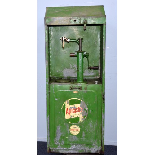 282 - AUTOMOBILIA: Large green Agricastrol tractor oil dispenser cabinet, with sliding drop panel front an... 