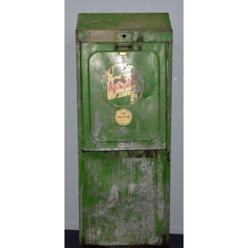 282 - AUTOMOBILIA: Large green Agricastrol tractor oil dispenser cabinet, with sliding drop panel front an... 