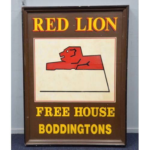 268 - SIGNAGE: Double-sided Public House sign for 'Red Lion', Free House', above 'Boddingtons', 48½