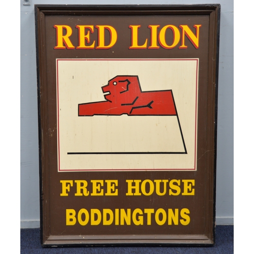 268 - SIGNAGE: Double-sided Public House sign for 'Red Lion', Free House', above 'Boddingtons', 48½