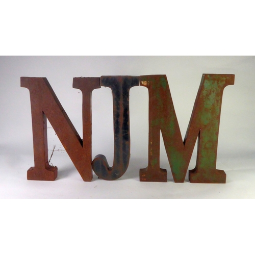 229 - METAL LETTERING: Letters MNJ in box section metal, 20