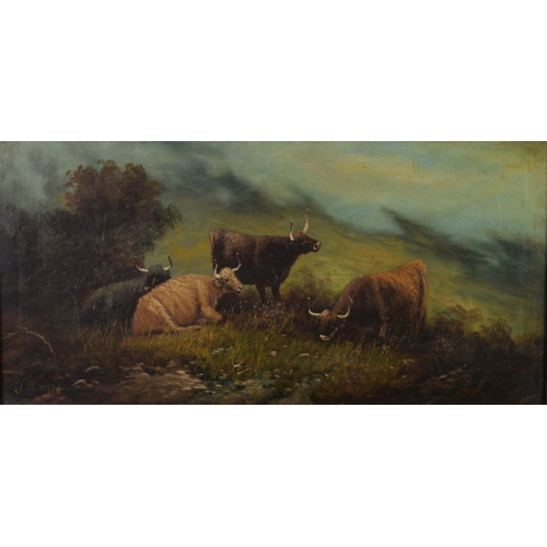 99 - J BARNET (late 19th / early 20th century) OIL PAINTING ON CANVAS Highland cattle in mist shrouded la... 