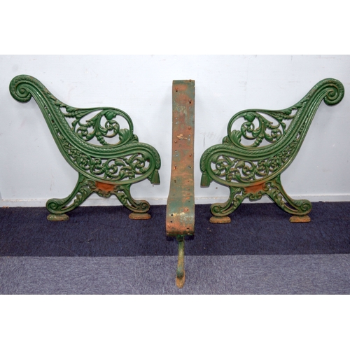 79 - 20th CENTURY CAST IRON BENCH, in the Coalbrookdale style with central section and two ends, no slate... 