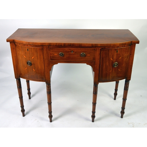 64 - GEORGE III MAHOGANY NEOCLASSICAL BOW-FRONT SIDEBOARD, with marquetry decoration 4ft (122 cm) W