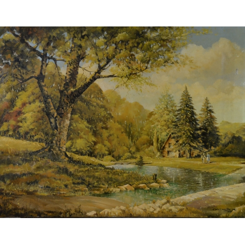 92 - ERIC WILLIAMSON (TWENTIETH CENTURY)OIL ON CANVAS Wooded River scene with figures in front of a cotta... 