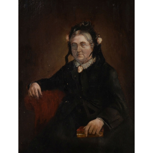 96 - UNATTRIBUTED (NINETEENTH CENTURY)OIL PAINTING Seated portrait of a lady in mourning, holding a bookU... 