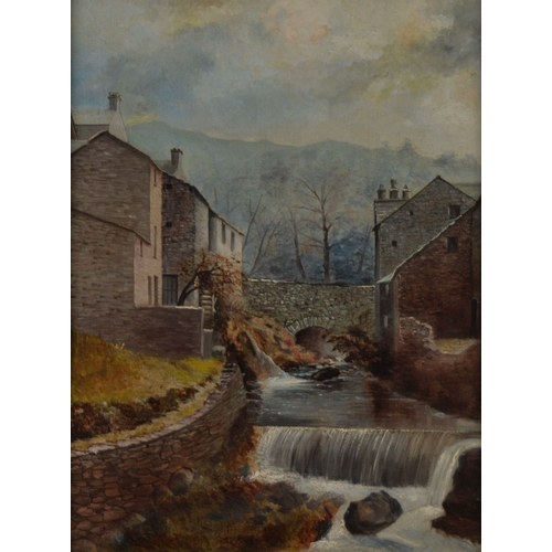 98 - UNATTRIBUTED (NINETEENTH CENTURY) OIL ON CANVAS Stream with stone bridge and buildings Unsigned 15 ¾... 