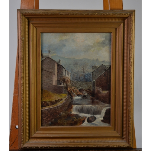 98 - UNATTRIBUTED (NINETEENTH CENTURY) OIL ON CANVAS Stream with stone bridge and buildings Unsigned 15 ¾... 